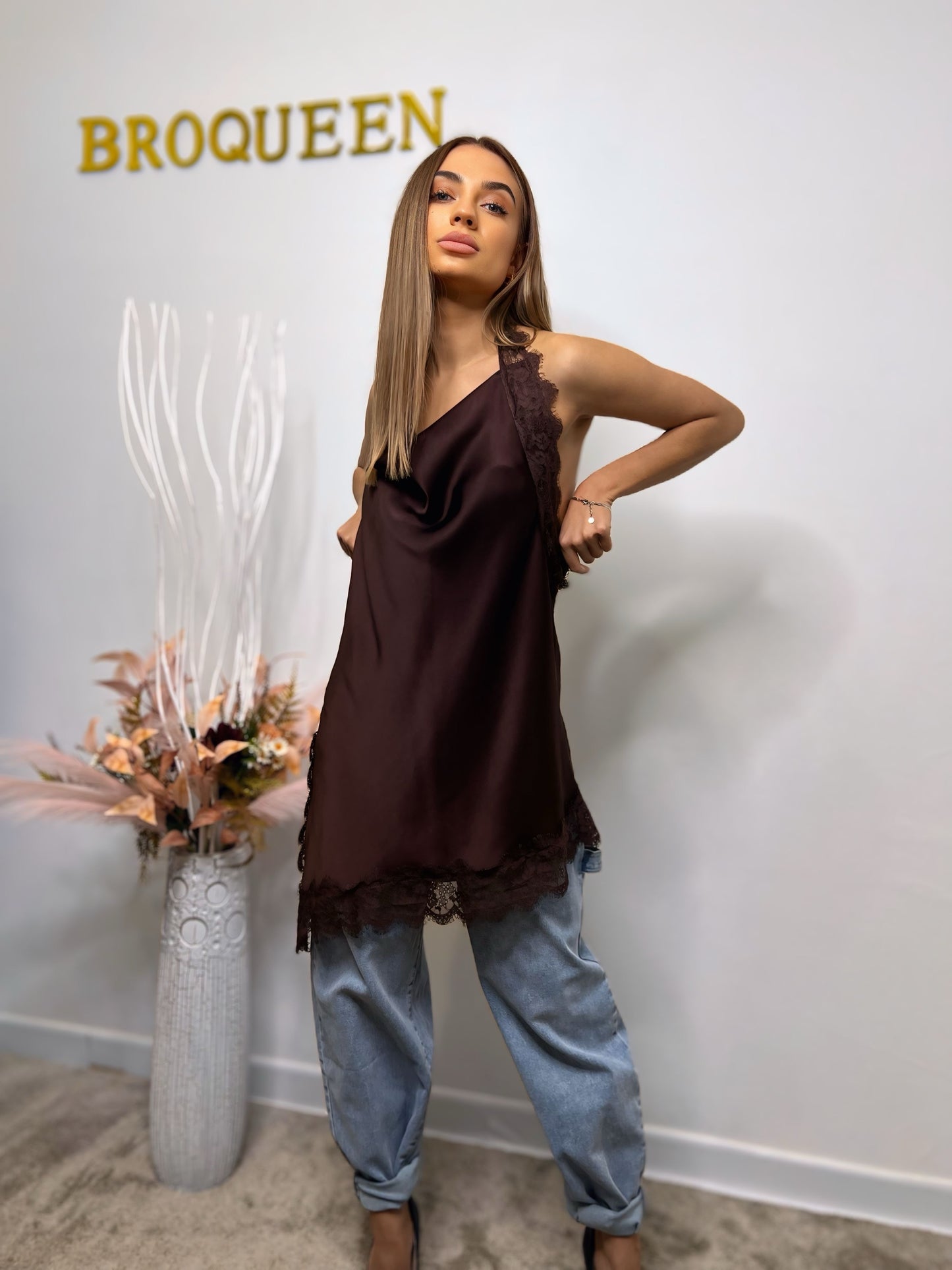 Satin Lace Halter Top – Plum