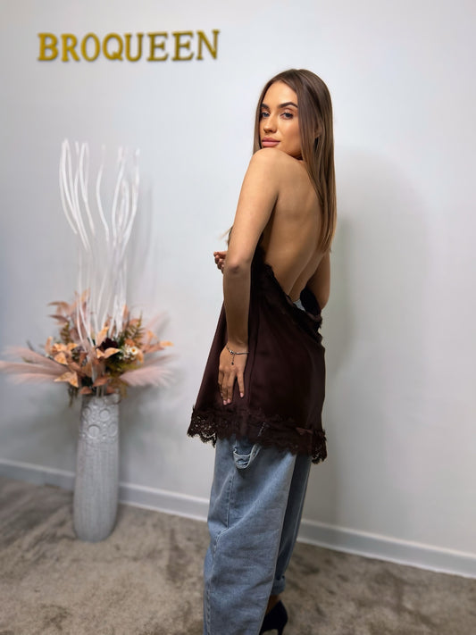 Satin Lace Halter Top – Plum