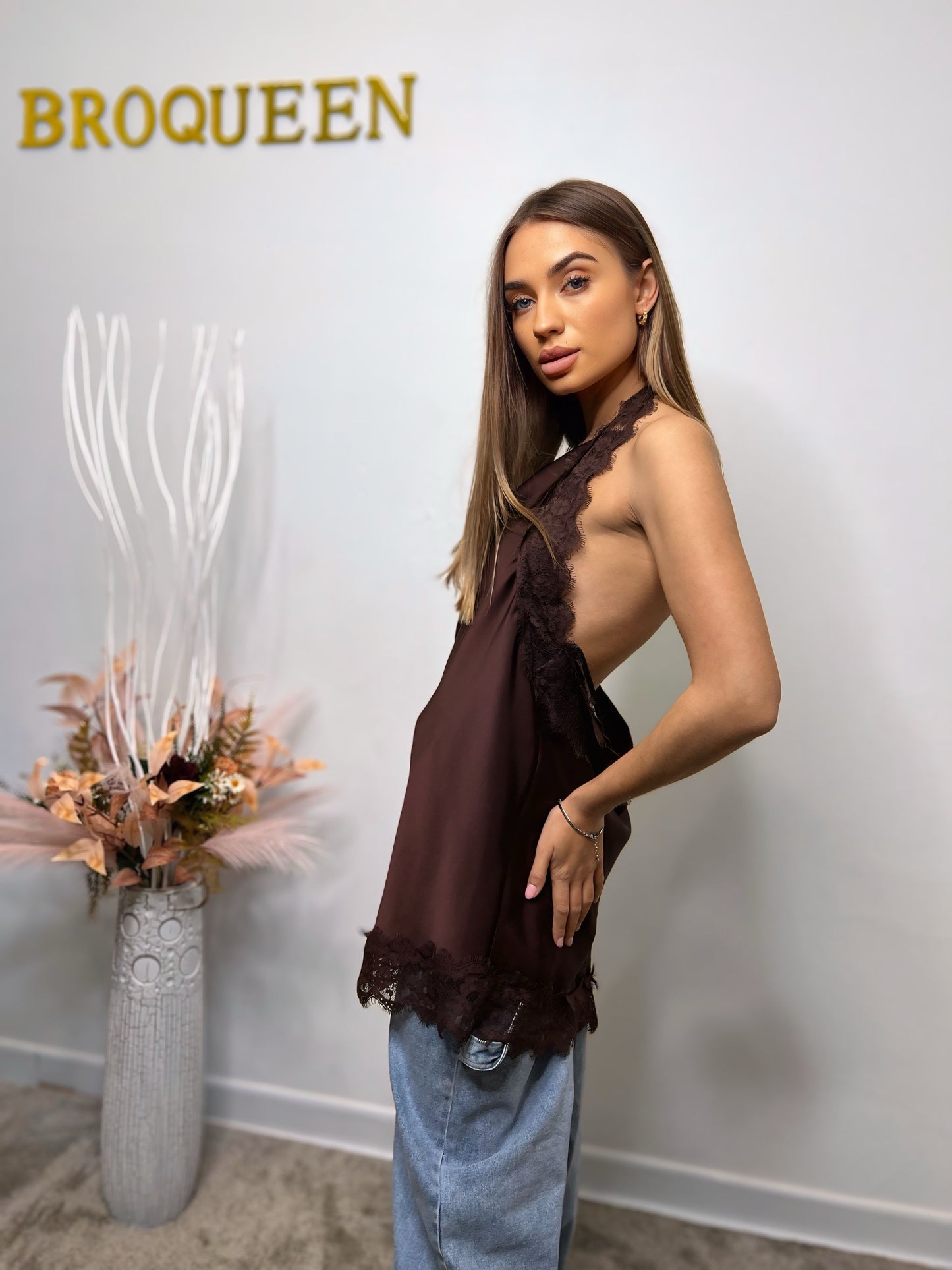 Satin Lace Halter Top – Plum