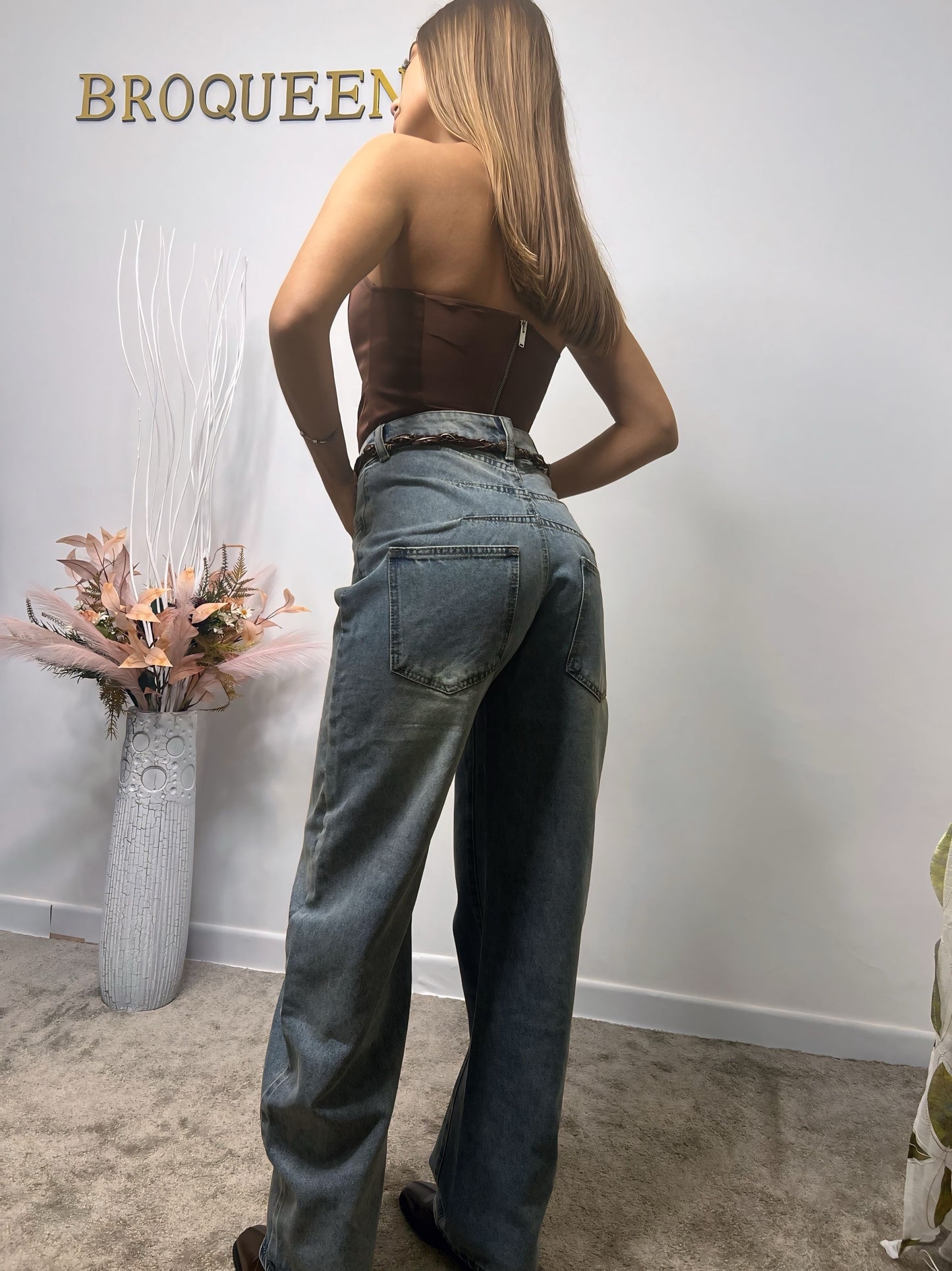 Jeans Vita Alta con Fascia Decorativa